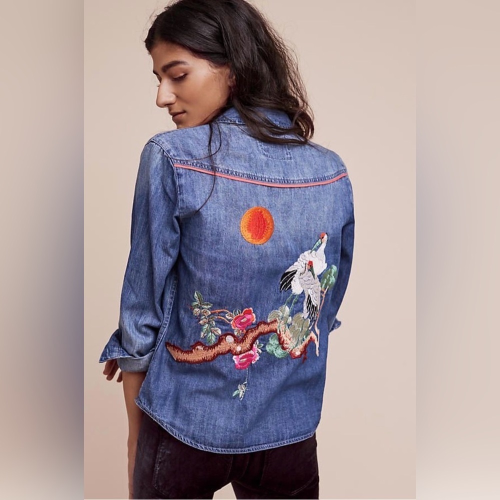 Anthropologie Holding Horses Top XXSP Embroidered Pearl Snap Denim Shirt Crane
